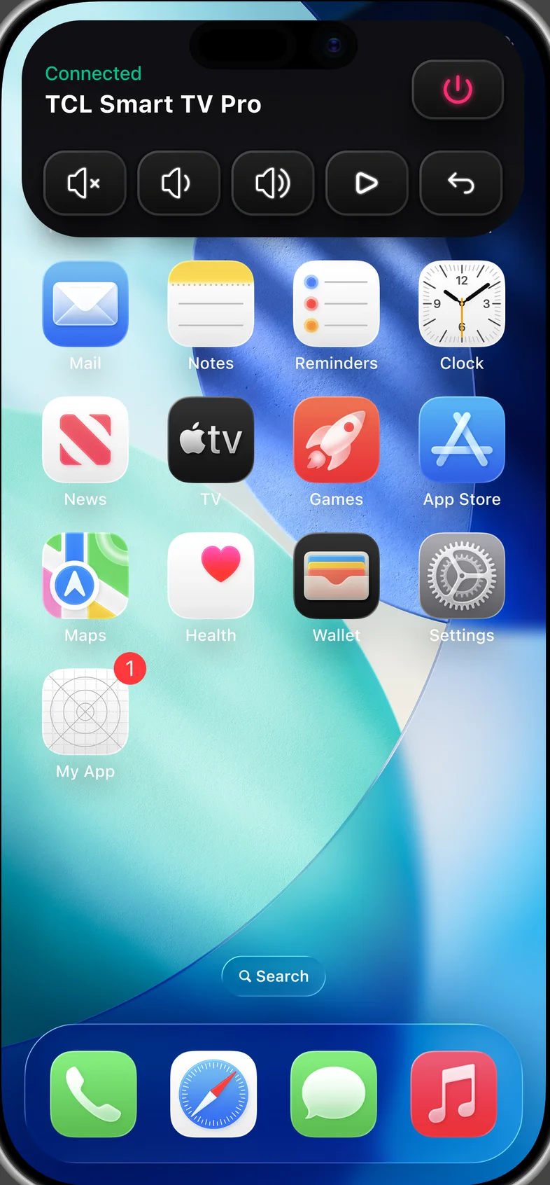 iPhone Dynamic Island showing Kliky controls: mute, volume, play and back
