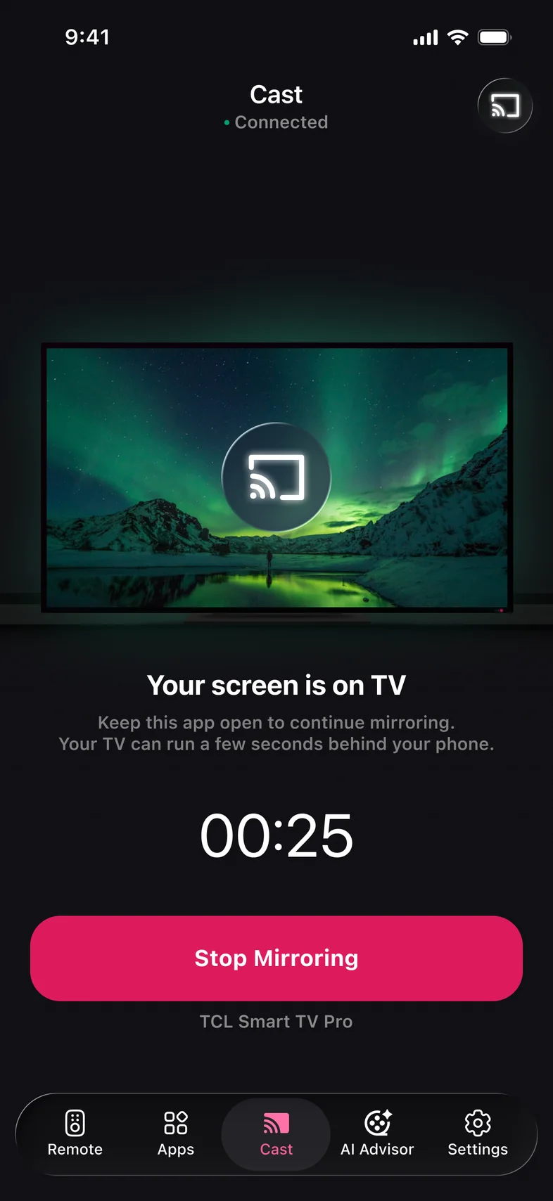 Kliky app: Screen Mirroring in progress with a Stop Mirroring button