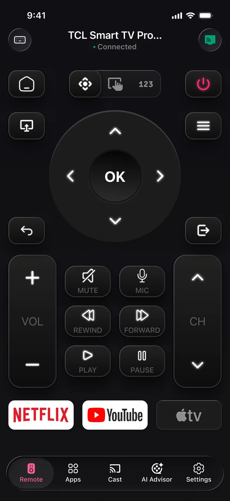 Kliky app: TV remote with D-pad, volume, channels and app shortcuts