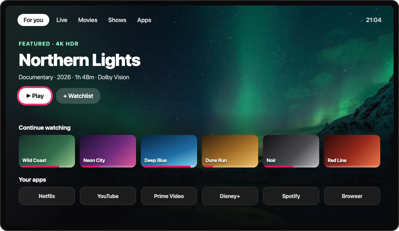 Smart TV home screen controlled from the Kliky app