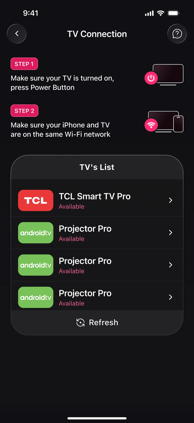 Kliky app: list of TVs found on your Wi-Fi